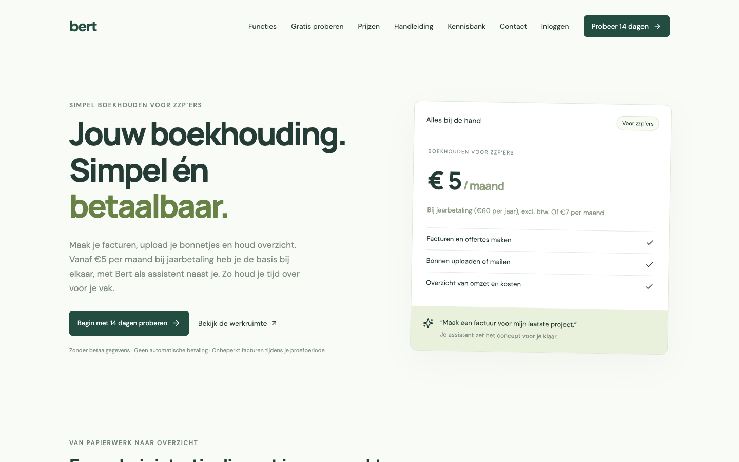 Screenshot van de homepage van Bert Boekt
